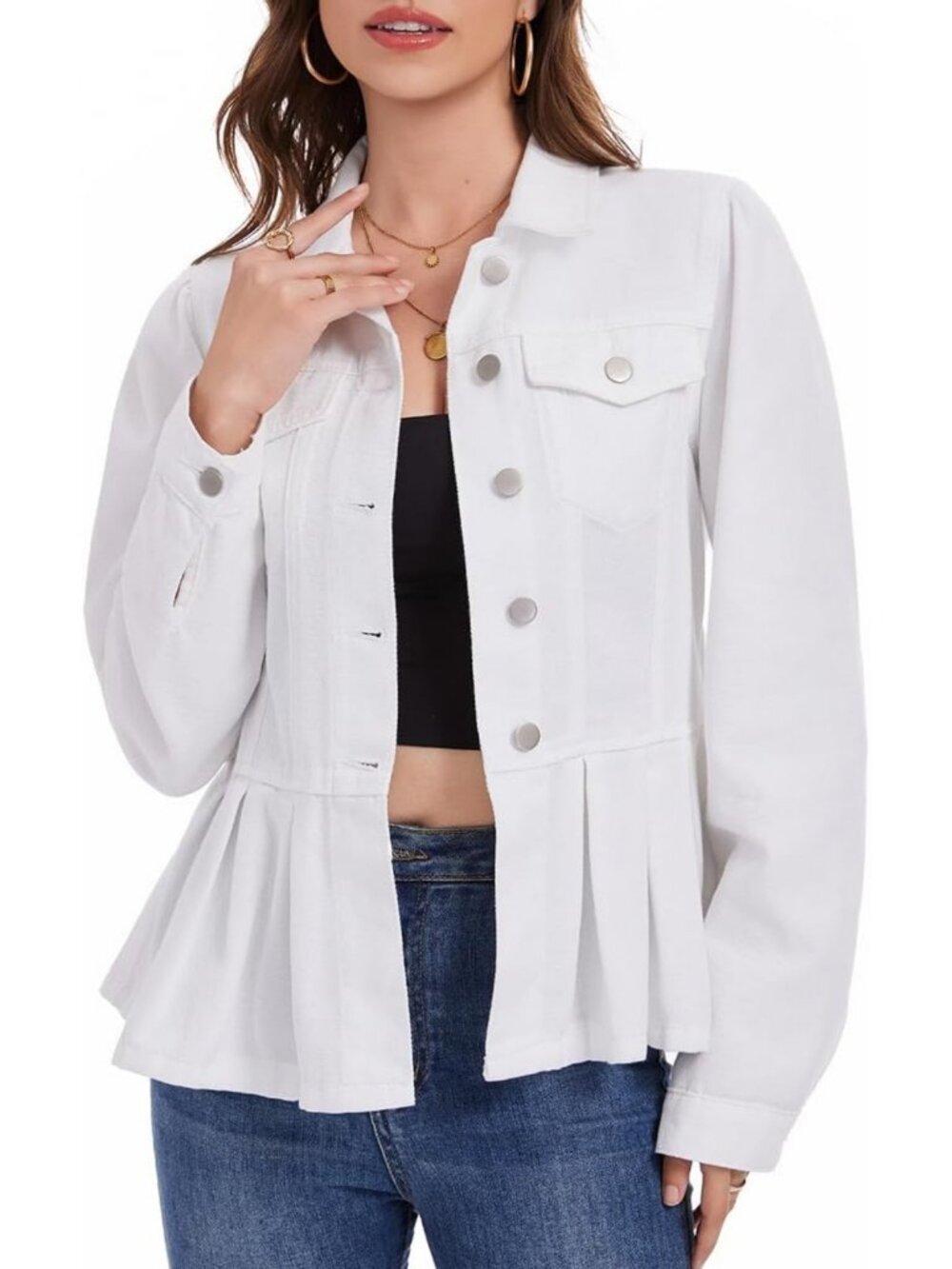Chic Women's Peplum Denim Jacket with Puff Sleeves & Button Closure - Stylish
